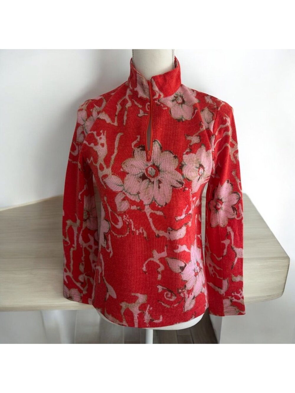 JEAN PIERRE KLIFA Floral Zip Long Sleeve Wool Blend Top Sz Small